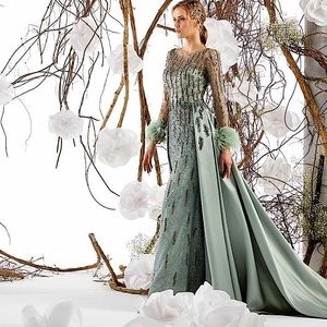 Kenzel pearl & diamond long sleeve feathered gown